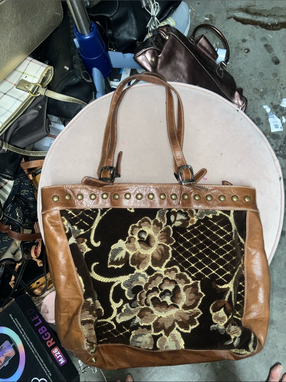 Isabella fiore Brown Floral Tote Bag with Stud Accents